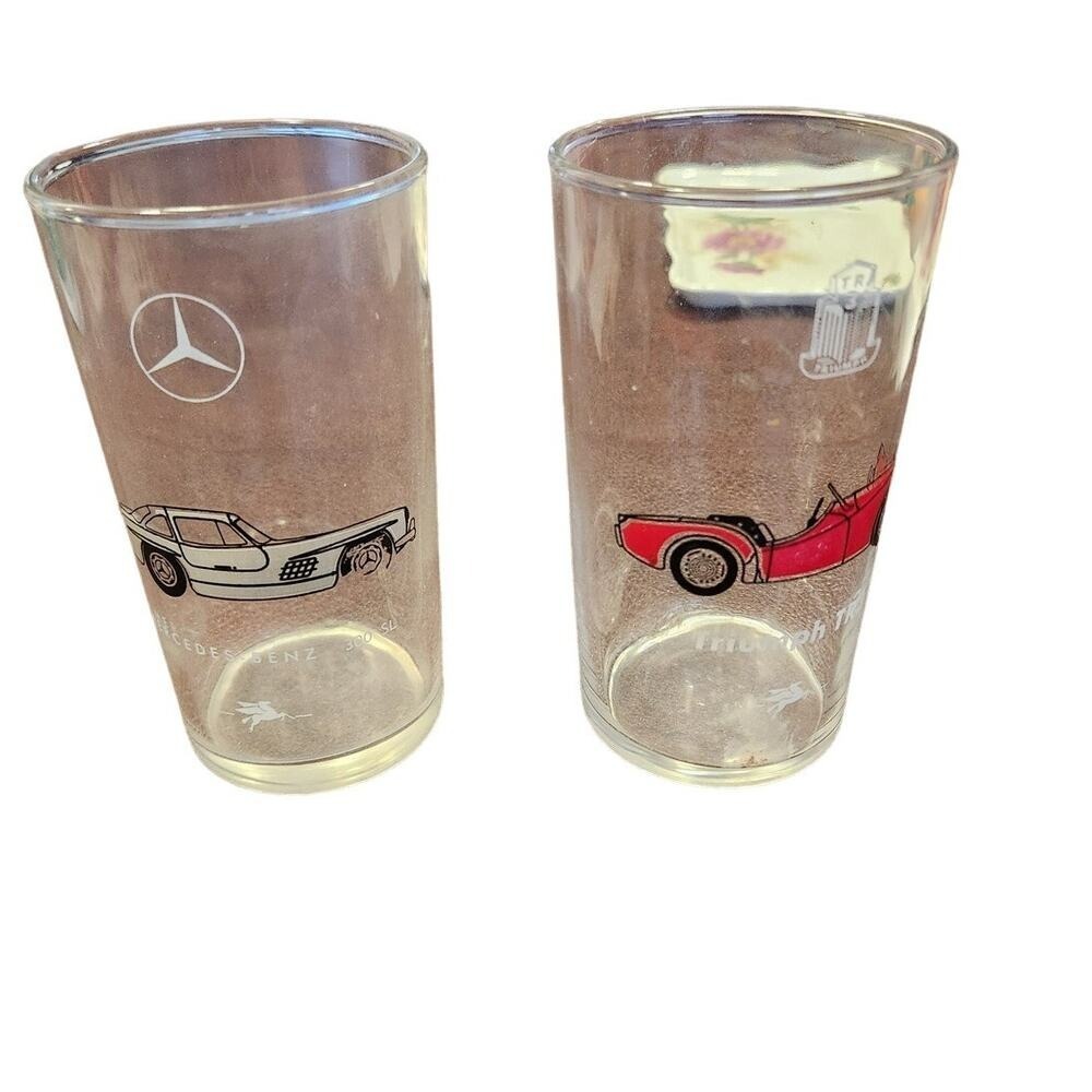 VTG Mobil Pegasus Oil Red Car TRIUMPH TR7‎ and White Mercedes 10 OZ. Glasses
